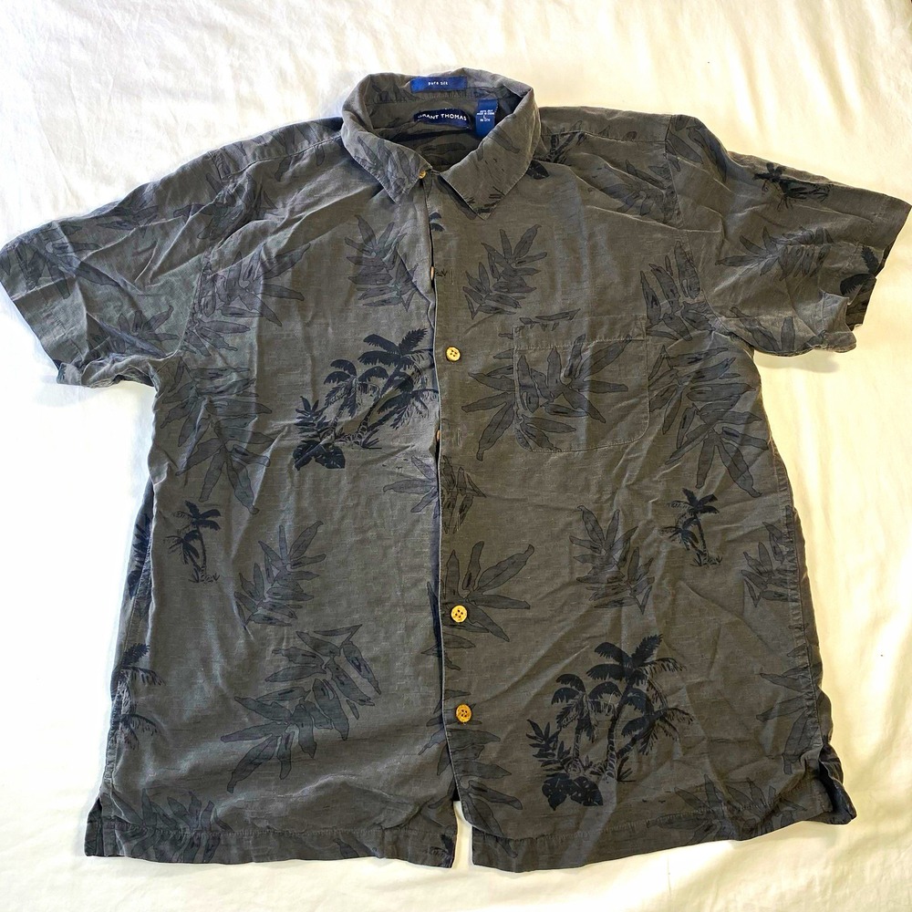 Grant Thomas 100% Silk Short Sleeve Button-Up Shirt L Gray Tropical Palm Pockets